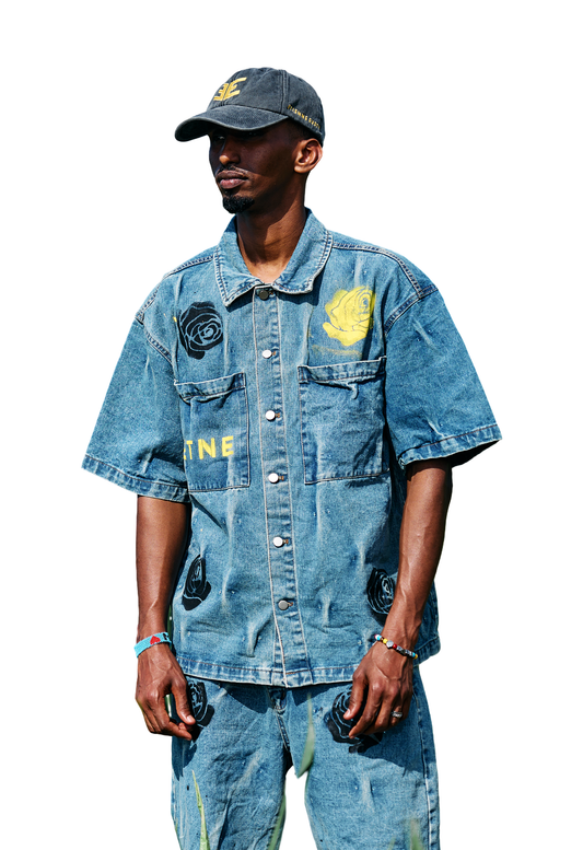 Chemise denim bleu avec peinture